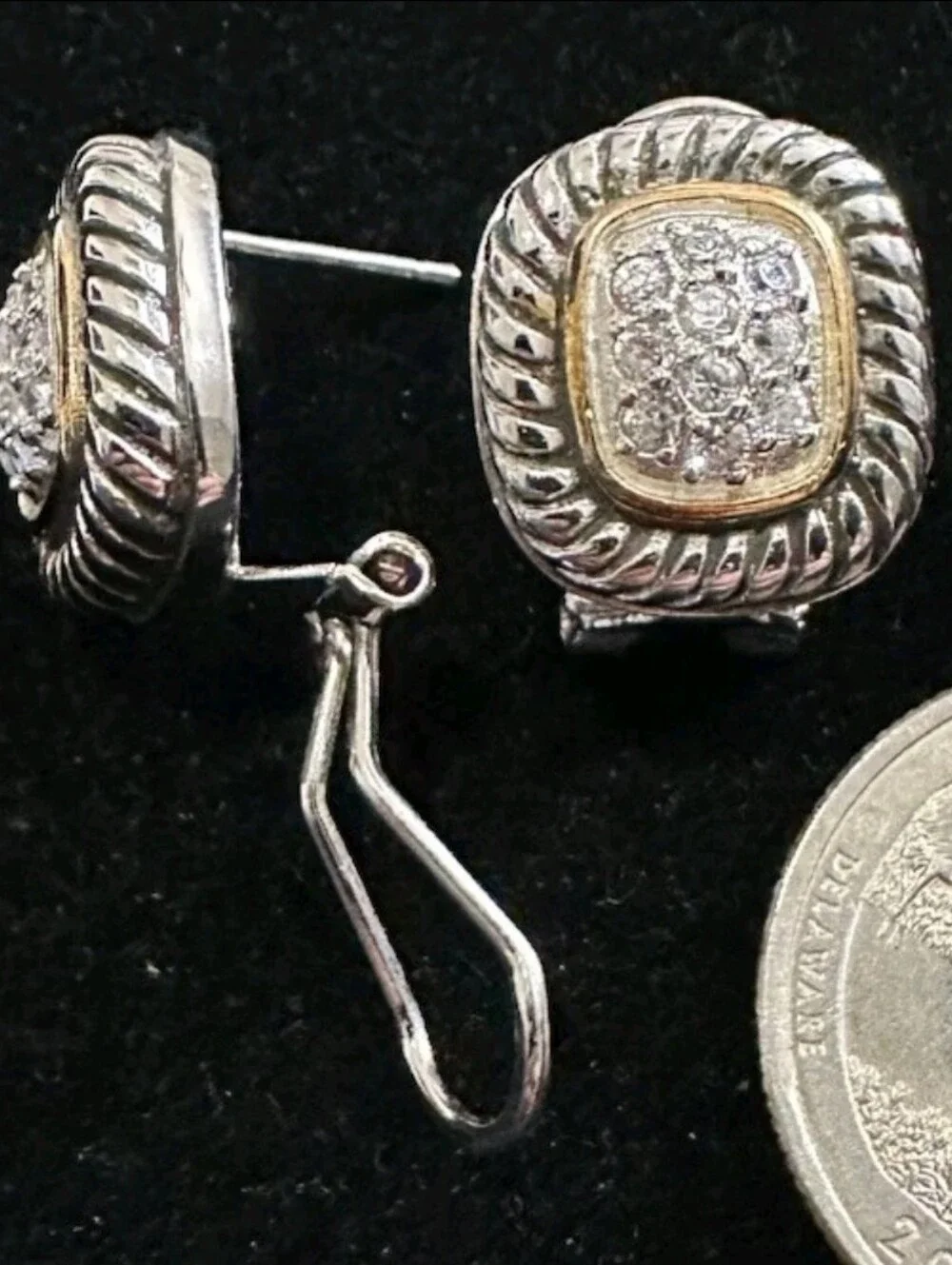 Vintage Sterling Silver 925 Gold Pave Leverback Earrings - Silver/Gold Stunning